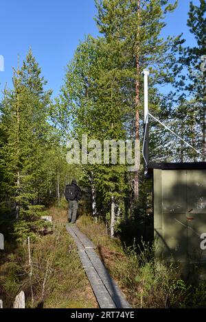 Sentiero per il nascondiglio per la fotografia degli orsi nella foresta finlandese di taiga Foto Stock