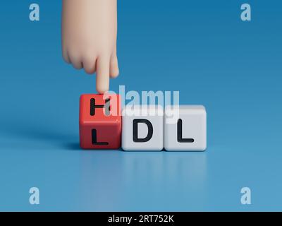 Il blocco cubo di legno ribaltabile a mano da Change LDL a HDL for High è costituito da lipoproteine ad alta densità e LDL è un concetto di lipoproteina a bassa densità.rendering 3D attivato Foto Stock