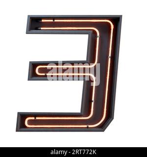 Illustrazione 3D del carattere numerico a cifre chiare al neon arancioni. Numero tubo al neon effetto luminescenza arancione in scatola di metallo nero.rendering 3d isolato su se Foto Stock