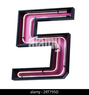 Illustrazione 3D del carattere numerico al neon bianco. Numero tubo neon effetto luce bianca in scatola metallica nera con piastra inferiore rosa.3d Ren Foto Stock