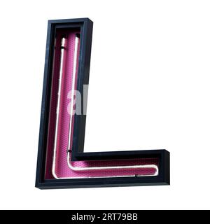 Illustrazione 3D del carattere dell'alfabeto chiaro al neon bianco lettera maiuscola. Tubo al neon Capital Letter White Glow Effect in scatola metallica nera con botto rosa Foto Stock