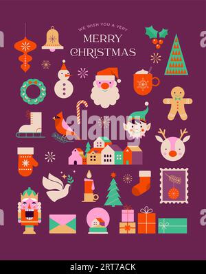 Buon Natale elementi in stile minimalista moderno e carino, collezione di illustrazioni. Babbo Natale, decorazioni natalizie, albero di Natale, confezioni regalo e molto altro ancora Illustrazione Vettoriale
