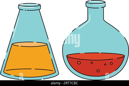Matracci in vetro per sostanze chimiche di diverse forme di liquidi. Arma chimica, acido o veleno Illustrazione Vettoriale