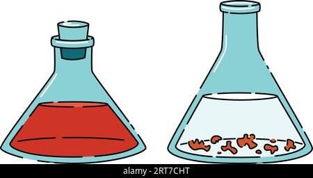 Matracci in vetro triangolari chimici di liquidi di forme diverse. Arma chimica, acido o veleno Illustrazione Vettoriale