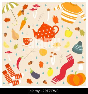 Una fantastica collezione di icone autunnali. Vestiti, funghi, frutta, verdura Illustrazione Vettoriale