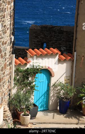 Porta di colore urquoise adornata con piante in vaso con mare Mediterraneo visibile sullo sfondo nella cittadina balneare di Collioure, nel sud della Francia Foto Stock