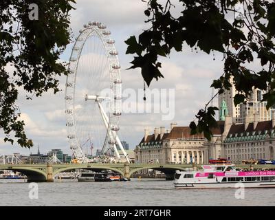 London Marriott Hotel County Hall, London Eye e Westminster Bridge visti da Victoria Tower Gardens South, Londra, Regno Unito Foto Stock