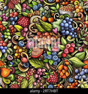 Gli scarabocchi vettoriali dei cartoni animati sul tema del motivo senza cuciture Berry Fruits presentano una varietà di oggetti e simboli di bacche. Bizzarro giocoso colorato b Illustrazione Vettoriale