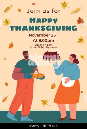 Poster del giorno del Ringraziamento. Buon cibo per il giorno del Ringraziamento. Autunno - stagione autunnale. Illustrazione del vettore piatto Illustrazione Vettoriale