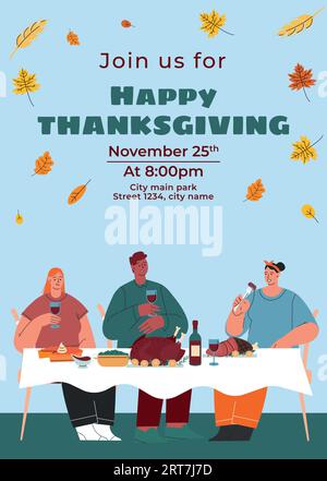 Poster del giorno del Ringraziamento. Buon cibo per il giorno del Ringraziamento. Autunno - stagione autunnale. Illustrazione del vettore piatto Illustrazione Vettoriale