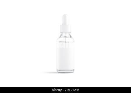 Flacone contagocce bianco in vetro trasparente con mockup di etichette, vista frontale, rendering 3D. Confezione di tubi in vetro vuota con adesivo mock-up, isolato. Pelle limpida Foto Stock