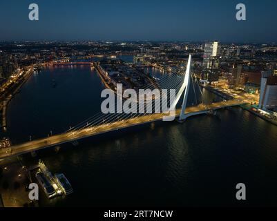 Vista aerea del ponte Erasmusbrug di notte, Erasmusbrug, ponte ferroviario sul fiume Nieuwe Maas a Rotterdam. Foto Stock