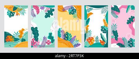 Modello di cornice tropicale. Sfondo della storia dei social media con foglie di piante tropicali, set vettoriale di fotogrammi astratti della giungla Illustrazione Vettoriale