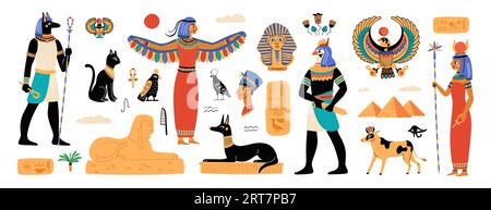 Elementi dell'antico Egitto. Simboli storici e culturali. Edifici religiosi. Statue e murales. Civiltà misteriosa. Geroglifici manoscritti Illustrazione Vettoriale