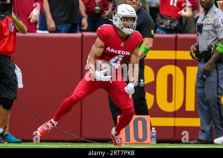 Landover, MD, USA. 10 settembre 2023. Il wide receiver degli Arizona Cardinals Rondale Moore (4) reagisce durante la partita tra gli Arizona Cardinals e i Washington Commanders a Landover, MD. Reggie Hildred/CSM/Alamy Live News Foto Stock