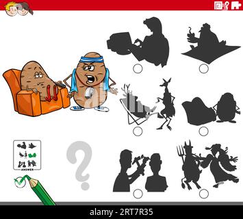 Illustrazione a cartoni animati che mostra come trovare l'immagine giusta per il gioco educativo ombra con la scritta "patata da divano" Illustrazione Vettoriale