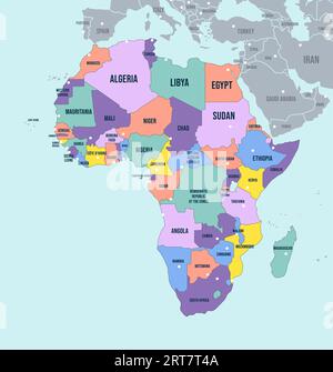 Mappa politica del continente africano. Nomi dei paesi con etichetta inglese e illustrazione vettoriale dei confini delle regioni africane Illustrazione Vettoriale