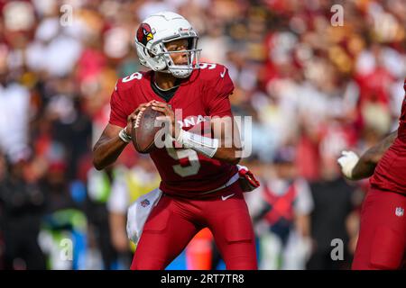 Landover, MD, USA. 10 settembre 2023. Il quarterback degli Arizona Cardinals Joshua Dobbs (9) torna indietro per lanciare un passaggio durante la partita della NFL tra gli Arizona Cardinals e i Washington Commanders a Landover, MD. Reggie Hildred/CSM/Alamy Live News Foto Stock