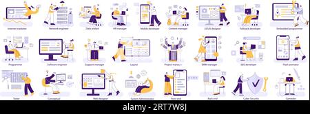 PROFESSIONI IT. Programmatori e progettisti, ingegneri e manager, sviluppatori front-end e back-end. Illustrazione vettoriale aziendale per lavori digitali diversi Illustrazione Vettoriale