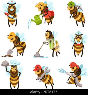 Operai delle api dei cartoni animati. Carine api di diverse professioni, lavoratori diligenti e set di illustrazioni vettoriali professionali Illustrazione Vettoriale