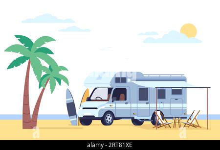 Il camper si trova sulla spiaggia vicino a palme e tavole da surf. Camper caravan. Furgone da campeggio per automobili. Vacanze estive. Rimorchio per auto. Guida di un veicolo di viaggio Illustrazione Vettoriale