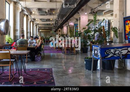 Le persone si siedono in una grande sala dal design industriale. Stanno chiacchierando e lavorando ai tavoli. Piante, una mappa dei muri e una flipper fanno parte dell'arredamento. Fabrika Tbilisi è un ex edificio di fabbrica sovietico che ora serve come spazio di coworking, ostello, centro creativo e sede di eventi. Chugureti, Tbilisi, Georgia. Foto Stock