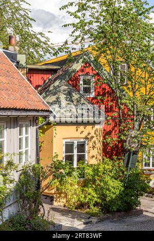 Case tradizionali in legno a Damstredet, Oslo, Norvegia, case tradizionali a Damstredet, Norvegia Foto Stock