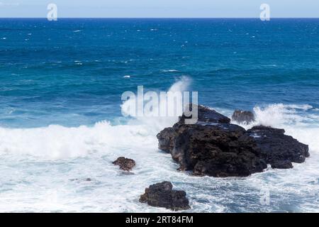 Onde che si infrangono sulle rocce a Gris Gris a Souillac, sulla costa meridionale delle Mauritius Foto Stock