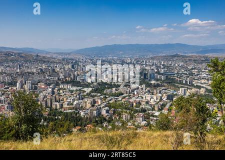 Vista panoramica della città di Tbilisi in Georgia, nel quartiere di Svanetisubani. Gli edifici si estendono fino alle montagne. Erba e alberi possono essere visti in primo piano. Il cielo è nuvoloso Foto Stock
