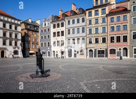 Città di Varsavia in Polonia, dalla Piazza del Mercato della Città Vecchia (Polacco: Rynek Starego Miasta), case storiche e della pompa acqua sulle acciottolate plaza Foto Stock