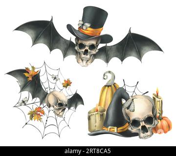 Teschi umani in cappelli con ali di pipistrello, zucche, foglie autunnali e candele. Illustrazione ad acquerello disegnata a mano per Halloween. Set di diversi Foto Stock