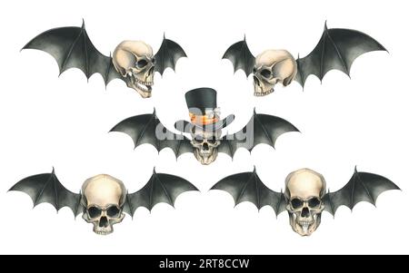 Teschi umani in cappello nero con nastro di raso arancione con ali di pipistrello nere per le vacanze di halloween. Illustrazione acquerello disegnata a mano. Imposta Foto Stock
