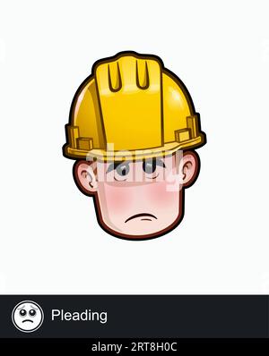 Icona del volto di un operaio edile con un'espressione emotiva supplicante. Tutti gli elementi sono ordinati su livelli e gruppi ben descritti. Illustrazione Vettoriale