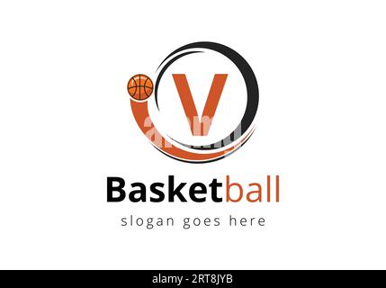 Logo Letter V Basketball con icona in movimento. Progettazione di modelli vettoriali di simboli sportivi Illustrazione Vettoriale