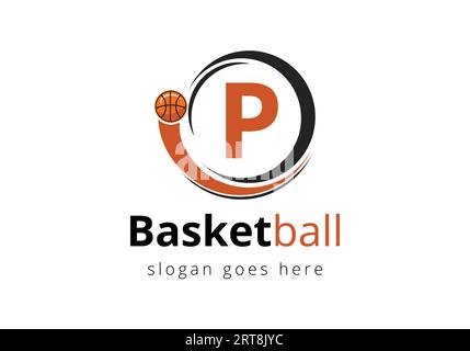 Logo Letter P Basketball con icona mobile della pallacanestro. Progettazione di modelli vettoriali di simboli sportivi Illustrazione Vettoriale