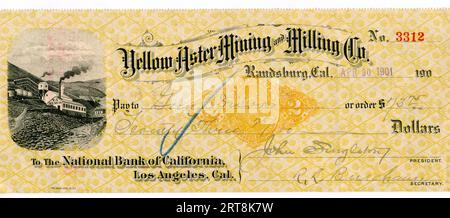 Un assegno del 1901 redatto dalla Yellow Aster Mining and Milling Company a Randsburg, California, firmato dal presidente della compagnia John Singleton. Foto Stock