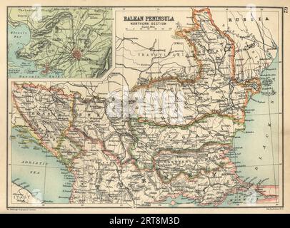 Antica mappa della penisola balcanica, sezione settentrionale, con dettagli sull'area che circonda Atene, XIX secolo, 1890 Foto Stock