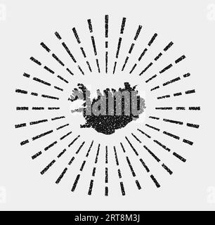 Mappa d'epoca dell'Islanda. Il grunge Sunburst in tutto il paese. Forma islandese nera con raggi del sole su sfondo bianco. Illustrazione vettoriale. Illustrazione Vettoriale