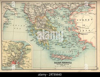Carta antica della penisola balcanica, sezione meridionale, con dettagli sull'area circostante Costantinopoli, Grecia, Turchia, Creta, XIX secolo, anni '1890 Foto Stock