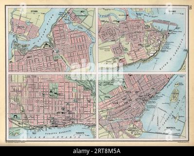 Illustrazione d'epoca Old Map di Ottawa, Quebec, Toronto e Montreal, Canada, anni '1890, XIX secolo Foto Stock