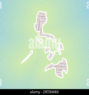 Forma delle Filippine formata dal nome del paese in più lingue. Confine con le Filippine su un elegante sfondo sfumato a righe. Poster vibrante. Illustrazione Vettoriale
