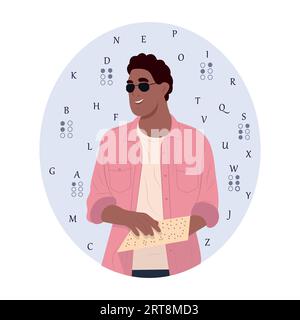 Giovane uomo cieco sorridente nero che indossa occhiali legge qualcosa in braille. Giornata mondiale del Braille. Illustrazione piatta vettoriale Illustrazione Vettoriale