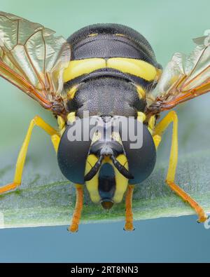 Ritratto di un hoverfly giallo e nero su una foglia, sfondo blu (vespa hoverfly a due bande, chrysotoxum bicinctum) Foto Stock