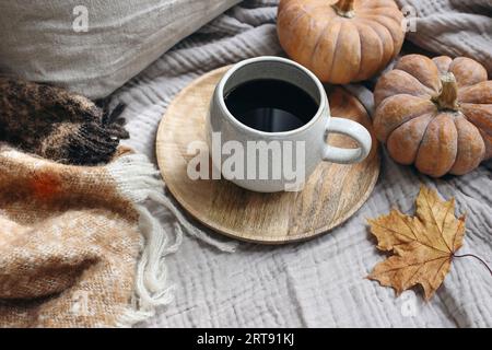 Composizione in stile femminile e autunnale. Colazione autunnale ancora vita. Accogliente Halloween, scena del giorno del Ringraziamento con tazza di caffè, coperta di lana, foglia d'acero e. Foto Stock