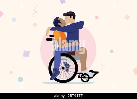 Happy Disabled Gay Men baciare e abbracciare su sedia a rotelle. Persone innamorate con handicappati, disabilità. Coppia eterogenea seduta e celebrazione dell'amore. Illustrazione Vettoriale