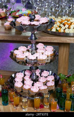 Eventi sociali; presentazione individuale di dessert per gli ospiti alla reception Foto Stock