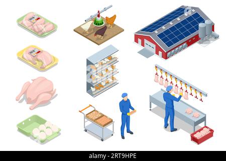 Icone isometriche del concetto di allevamento avicolo. Allevamento di pollame, produzione di carne di pollo, uova, prodotti a base di pollame. Pollo in una fattoria biologica Illustrazione Vettoriale