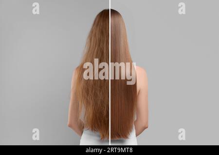 Foto di una donna divisa a metà prima e dopo il trattamento dei capelli su sfondo grigio, vista posteriore Foto Stock