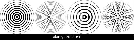 Set di cerchi di ripple concentrici neri. Sonar tratteggiato o onde sonore suonano. Concetto di icona di epicentro, target, radar. Elementi di vibrazione o segnale radiale. Vettore mezzitoni Illustrazione Vettoriale