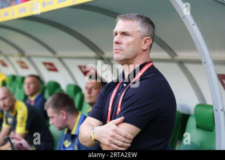 Wroclaw, Polonia. 9 settembre 2023. Coach Serhiy Rebrov dell'Ucraina visto durante il round di qualificazione del Campionato europeo 2024 tra Ucraina e Inghilterra alla Tarczynski Arena.punteggio finale; Ucraina 1:1 Inghilterra. (Foto di Grzegorz Wajda/SOPA Images/Sipa USA) credito: SIPA USA/Alamy Live News Foto Stock